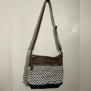 Myra Patterned Shoulder Bag, brown leather, canvas and rug pattern.